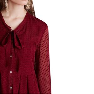 Anthropologie Meadow Rue Silk Clip Dot Tie Neck Button Down Blouse Size Small